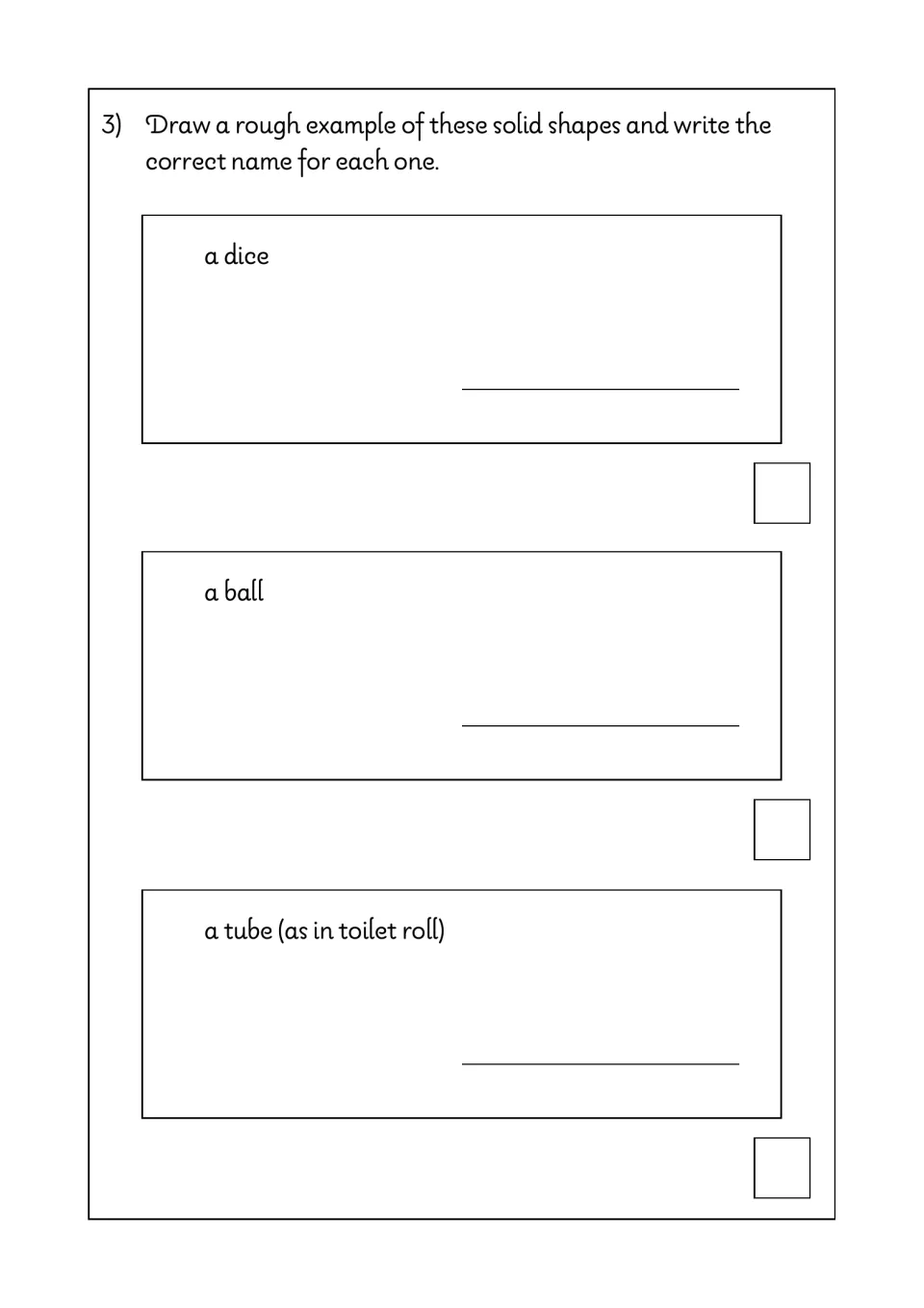 Math test question 3 asks students to draw and name solid shapes represented by a die, a ball, and a tube