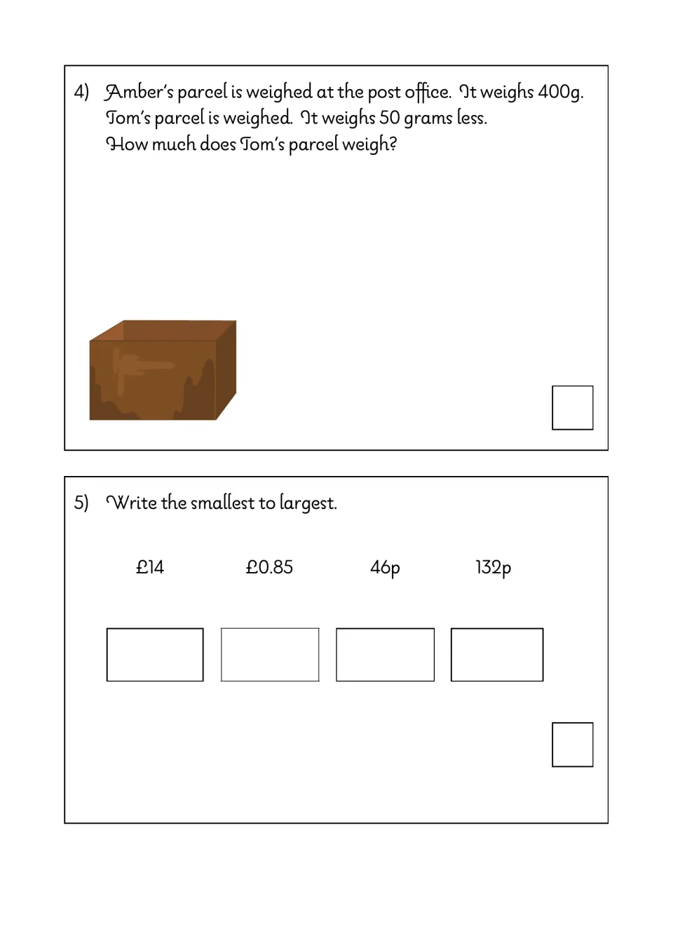 Math test questions 4–5: subtract 50 grams from a 400-gram parcel and order £14, £0.85, 46p, and 132p