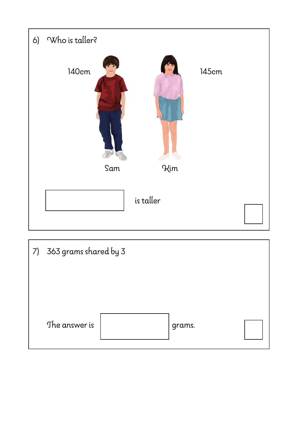 Math test questions 6–7: compare Sam at 140 cm and Kim at 145 cm, then divide 363 grams into three shares