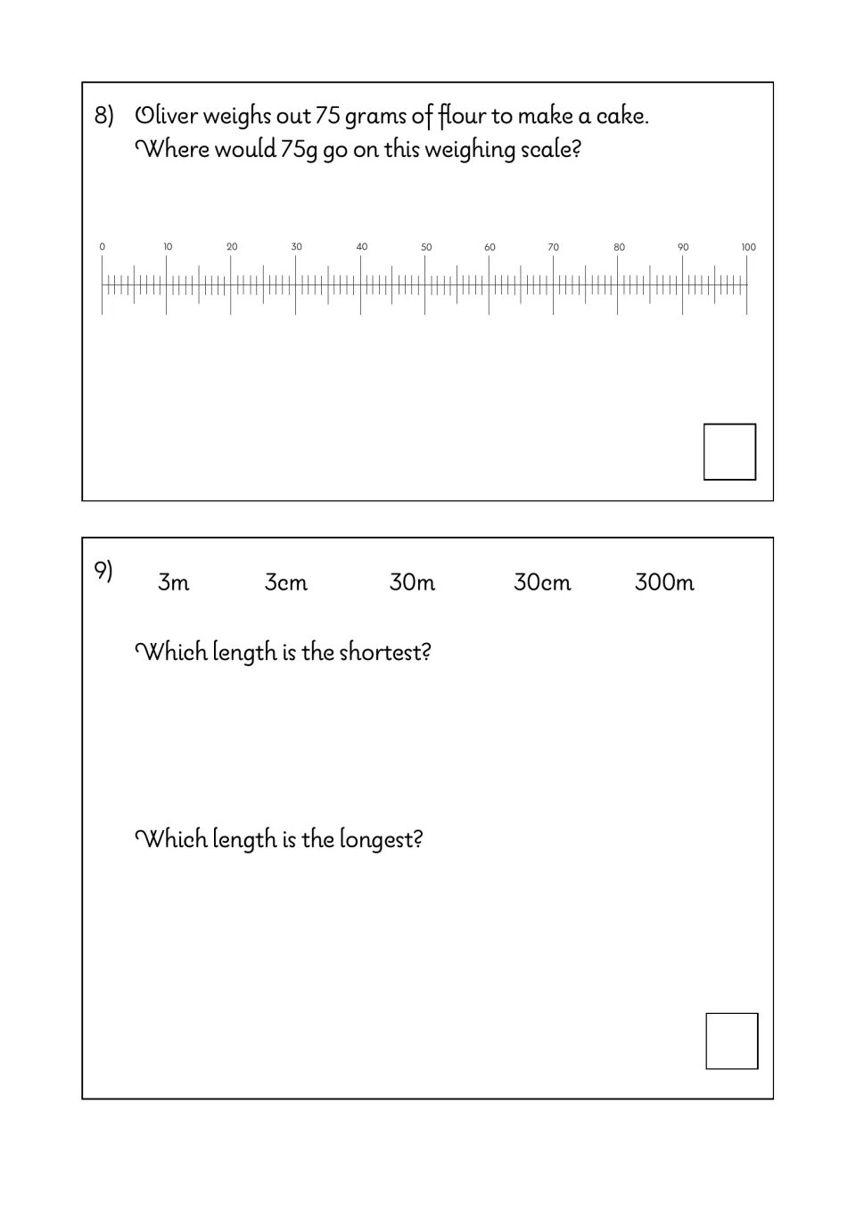 Math test questions 8–9: locate 75 grams on a scale and find the shortest and longest of five lengths