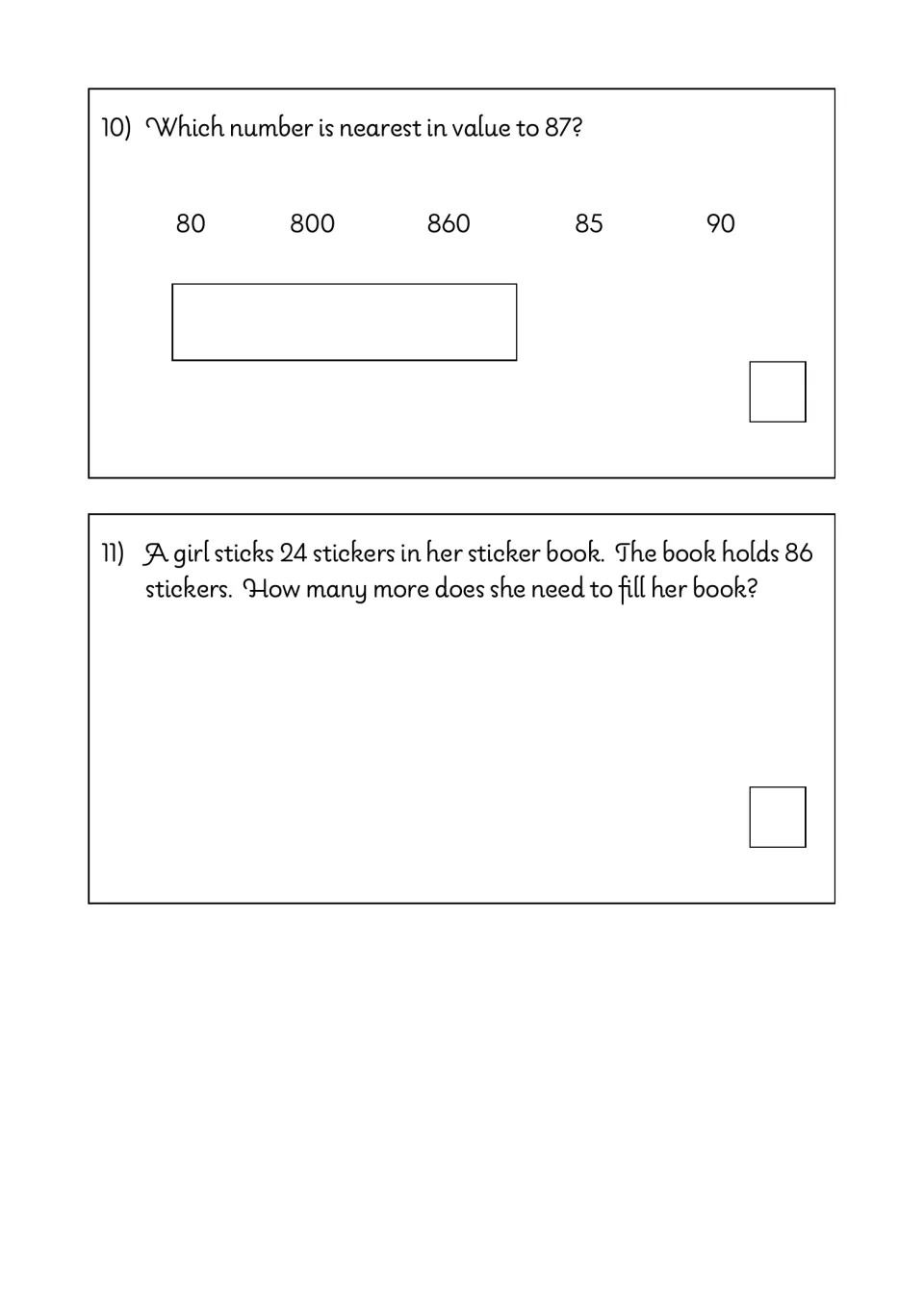 Math test questions 10–11: choose the number nearest 87 and find how many more stickers fill an 86-sticker book