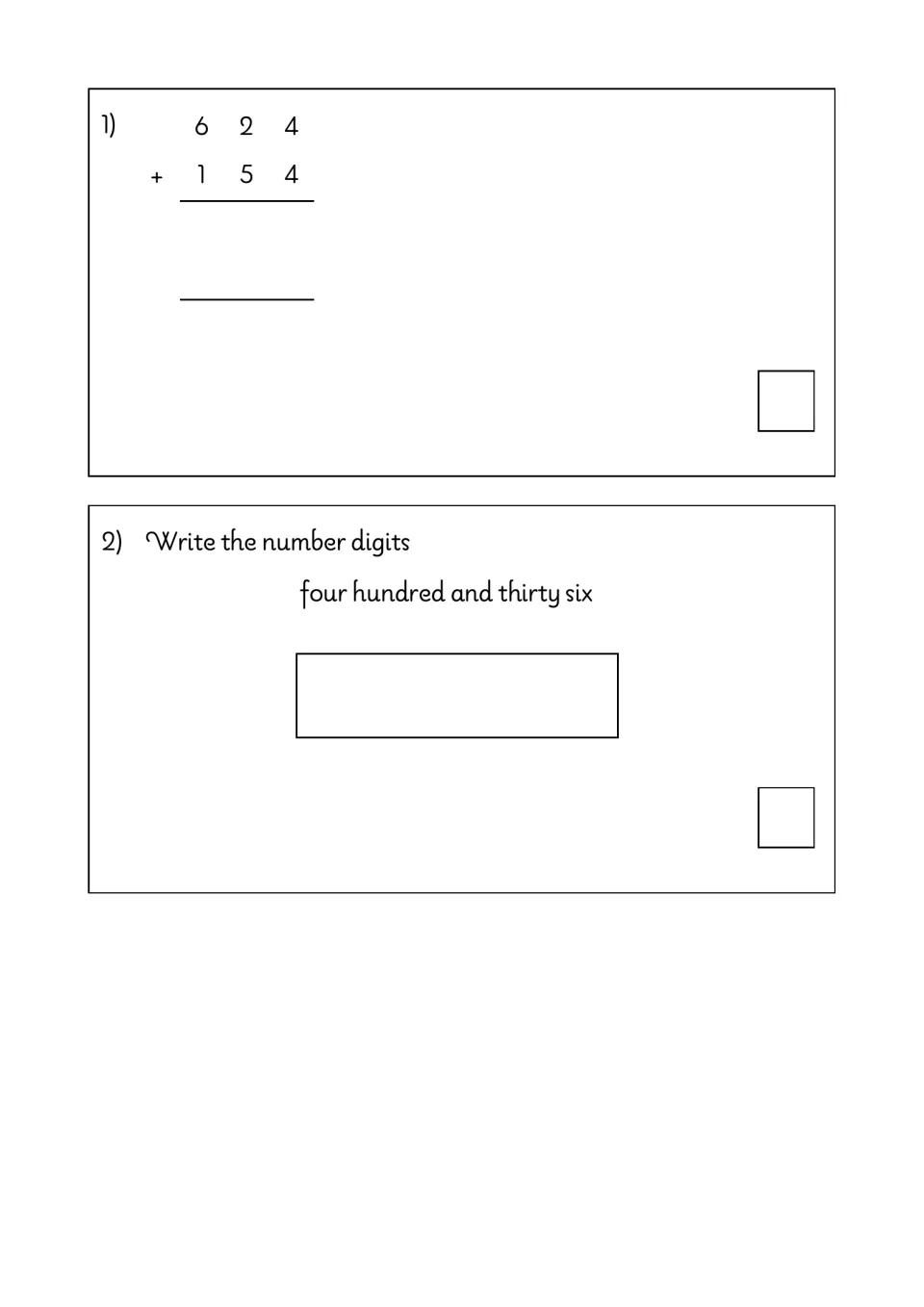 Addition and place value: students add 624 + 154 in columns and write four hundred and thirty six as digits