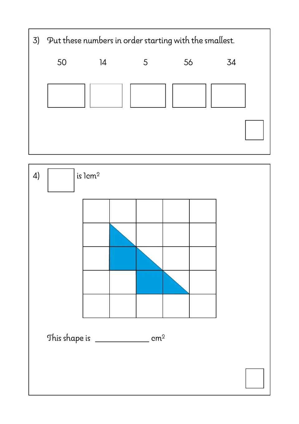 Ordering and area: students order 50, 14, 5, 56, 34 from smallest, then find the area in cm2 of a shaded shape on squares