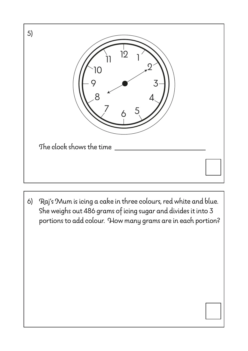 Time and division: students read an analogue clock and share 486 grams of icing sugar into 3 portions