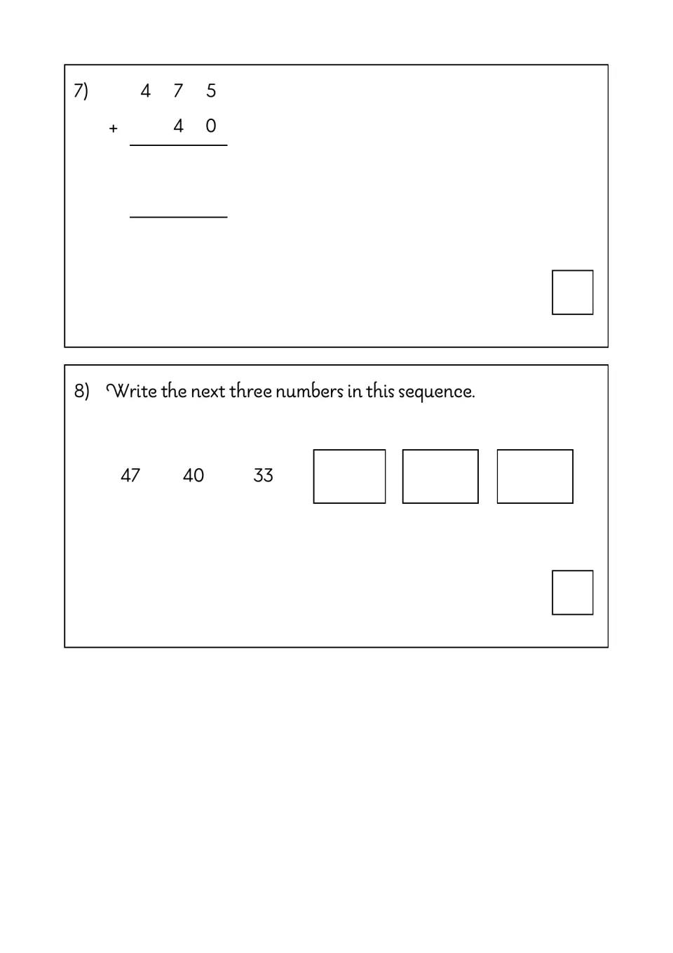 Column addition and sequences: students add 475 + 40, then write the next three numbers after 47, 40, 33 counting back