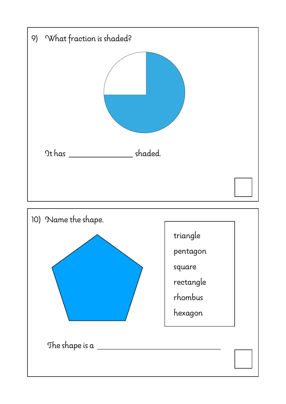 Fractions and 2-D shapes: students name the fraction shaded on a circle and pick the name of a pentagon from a word list