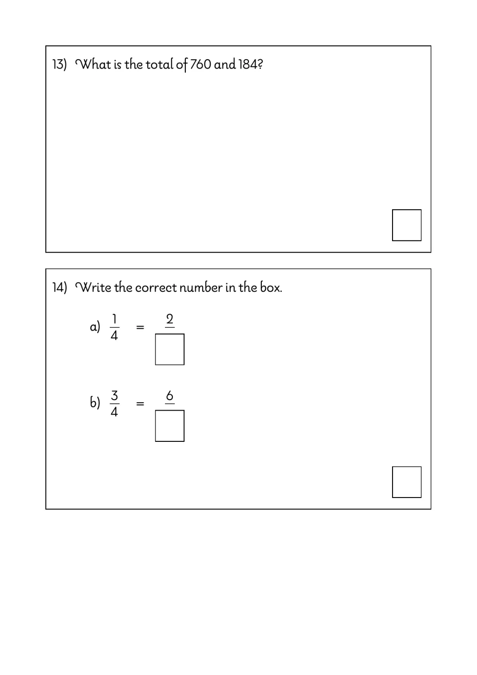 Addition and equivalent fractions: students total 760 and 184, then fill missing denominators so 1/4 = 2/? and 3/4 = 6/?