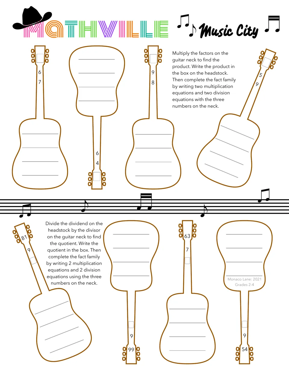 Multiplication and division fact families: students find each guitar's product or quotient, then write 4 related equations
