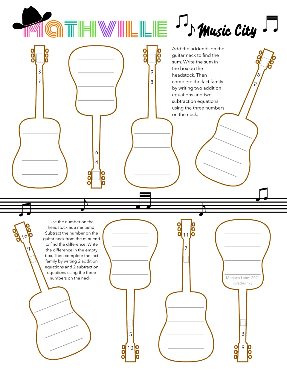 Addition and subtraction fact families: students find each guitar's sum or difference, then write four related facts