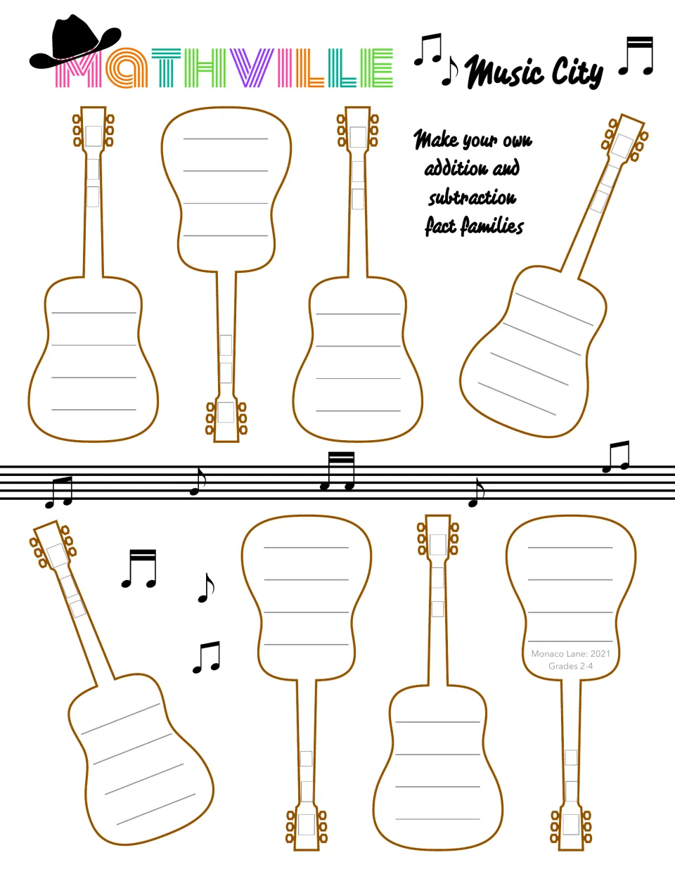 Make your own addition and subtraction fact families: students choose three numbers per guitar and write the related facts