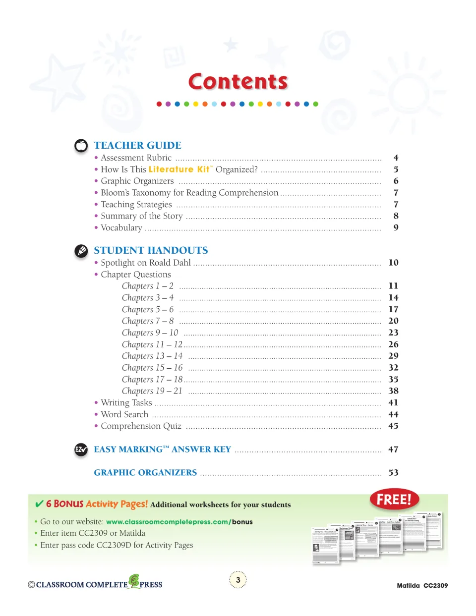 Literature kit contents list the teacher guide, chapter questions, writing tasks, quiz, and answer key.