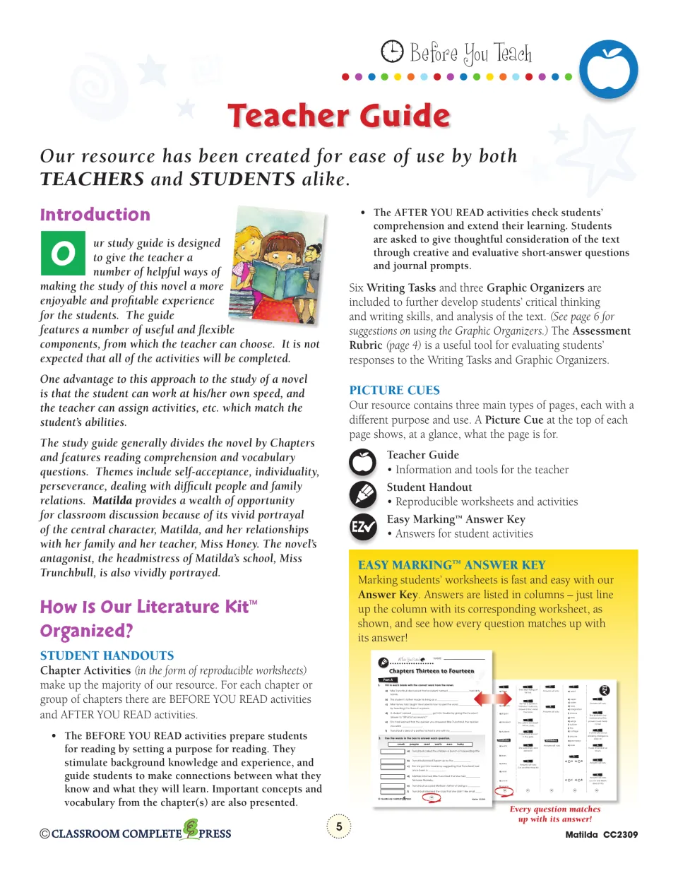 Teacher guide explains before- and after-reading activities, six writing tasks, and use of the answer key.