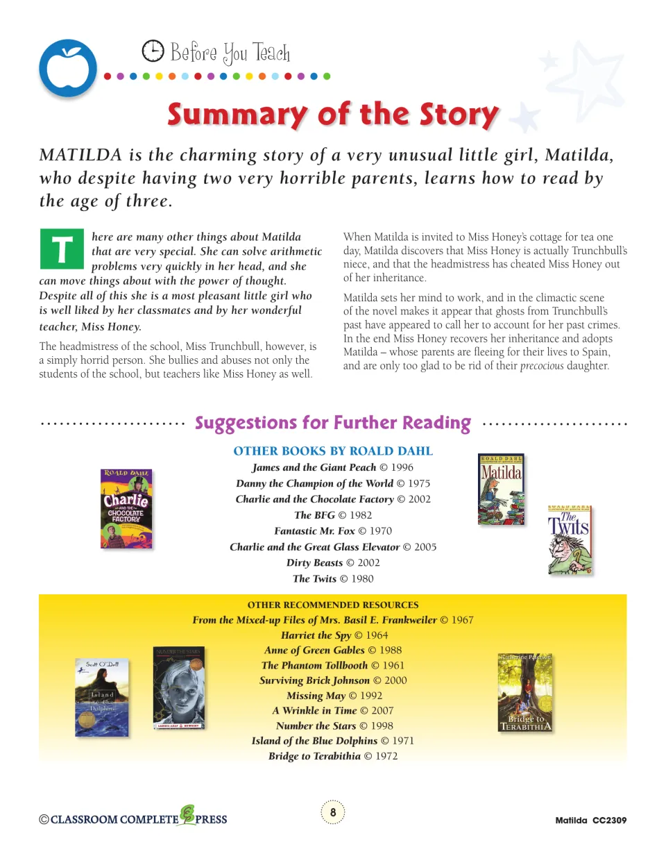 Story summary traces Matilda’s abilities, Miss Trunchbull’s cruelty, and Miss Honey’s eventual adoption of her.