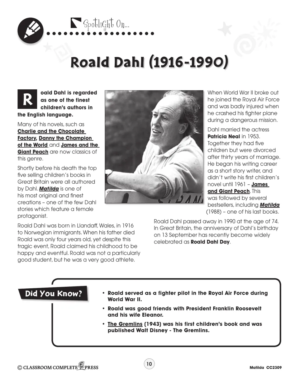 Author spotlight introduces Roald Dahl’s life, wartime service, family, and books alongside his portrait.