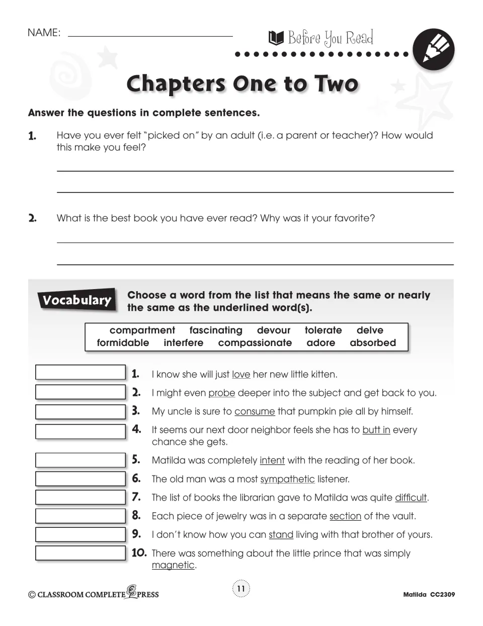 Chapters 1–2 prereading handout asks about unfair adults and a favorite book, then gives 10 vocabulary matches.