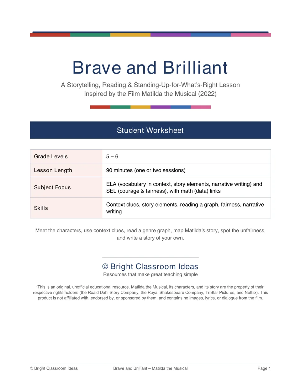 Brave and Brilliant cover: Matilda the Musical lesson on context clues, story elements, graphs, fairness and story writing