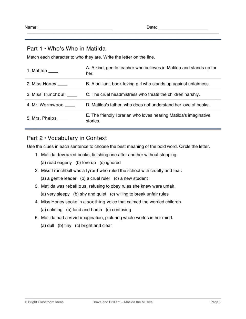 Matilda characters and vocabulary: students match 5 characters to descriptions, then use context clues to define 5 words