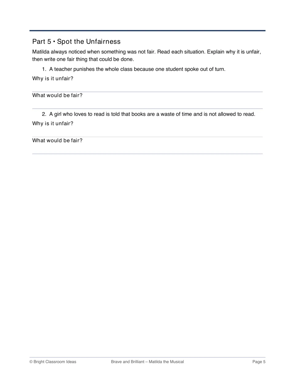 Spot the unfairness: students explain why a class punishment and a reading ban are unfair, then write what would be fair