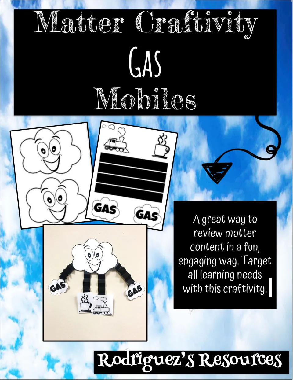 Matter Craftivity: Gas Mobiles cover: cloud, steam train, coffee cup and GAS templates plus a photo of a finished mobile