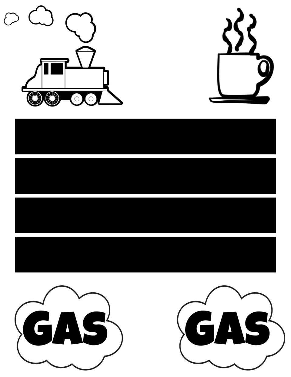 Gas examples to cut out: a steam train and steaming coffee cup, four black strips for legs and two clouds labeled GAS