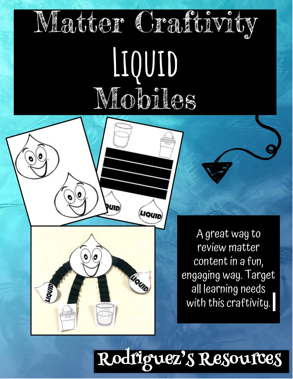 Matter Craftivity: Liquid Mobiles cover showing printable water drop pieces and a finished drop mobile with folded legs