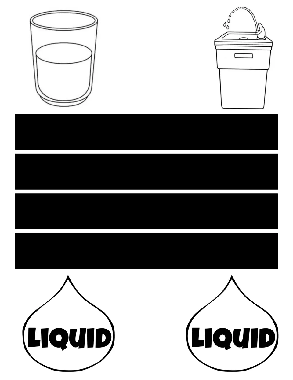 Liquid cut-out pieces: a glass of water, a drinking fountain, four black strips to fold as limbs and two LIQUID drops