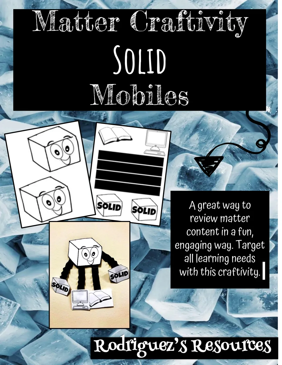 Cover of Matter Craftivity: Solid Mobiles showing smiling cube pieces, SOLID labels and a finished hanging cube character