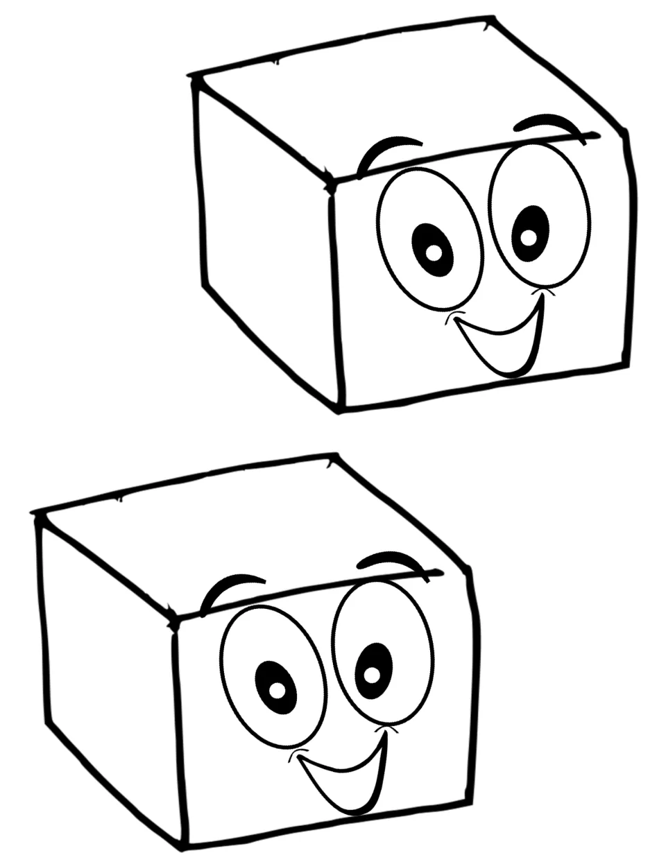 Solid matter craft: two smiling cube faces for students to cut out as the body of their hanging solid character