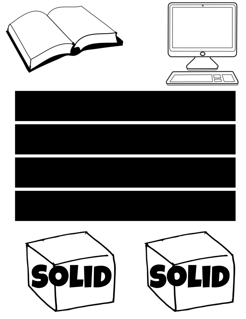 Solid examples cut-outs: a book, a computer and two cubes labeled SOLID, plus four black strips for the mobile's legs