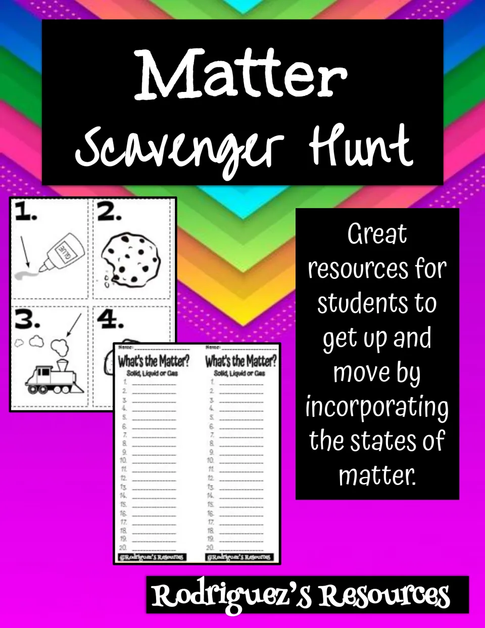 Matter Scavenger Hunt cover: numbered picture cards and a What's the Matter? solid, liquid or gas recording sheet
