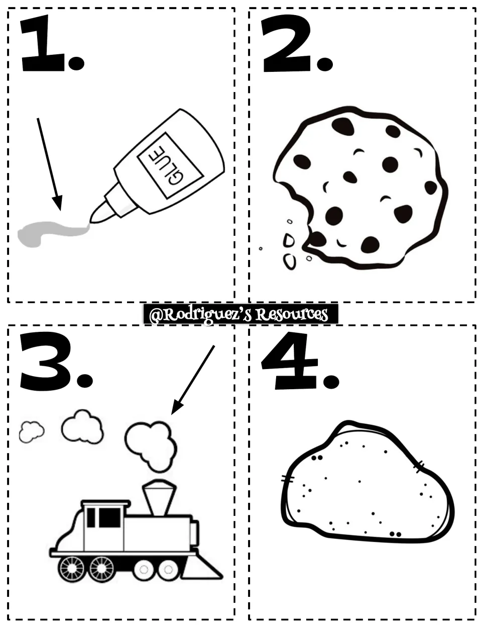 States of matter cards 1-4: glue, a cookie, train steam and a rock for students to sort as solid, liquid or gas