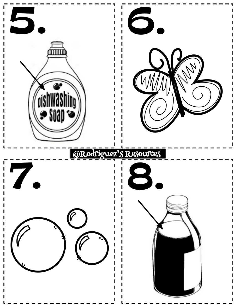 States of matter cards 5-8: dish soap, a butterfly, bubbles and a bottled drink for students to label by state