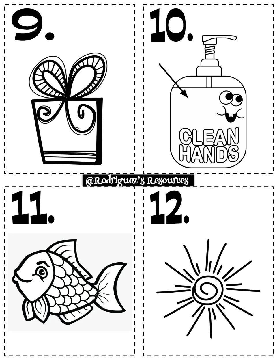 Cards 9-12 show a gift box, hand soap, a fish and the sun; students decide if each is a solid, liquid or gas