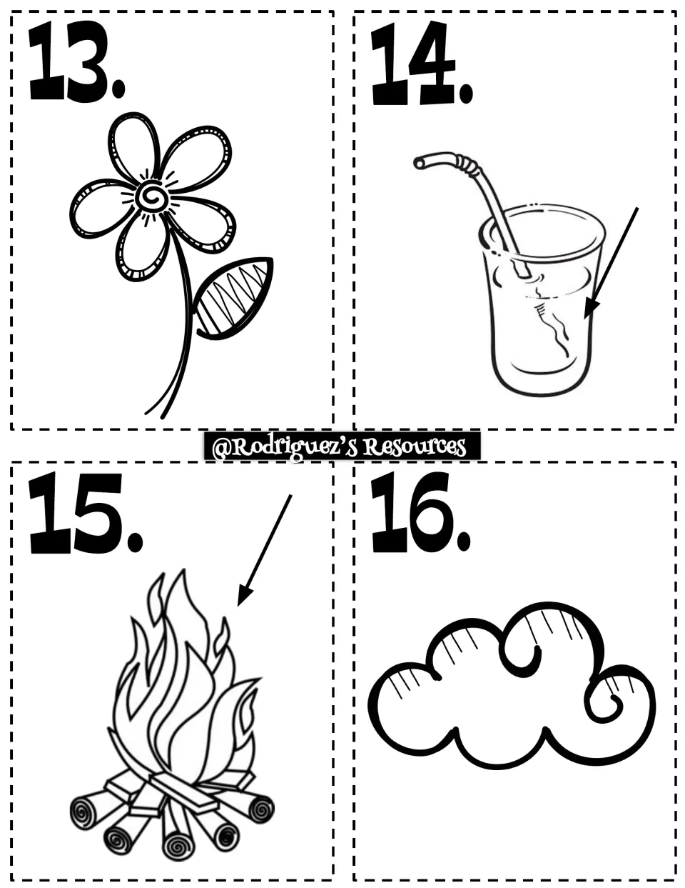 Cards 13-16 show a flower, a drink in a glass, a campfire and a cloud for classifying as solid, liquid or gas