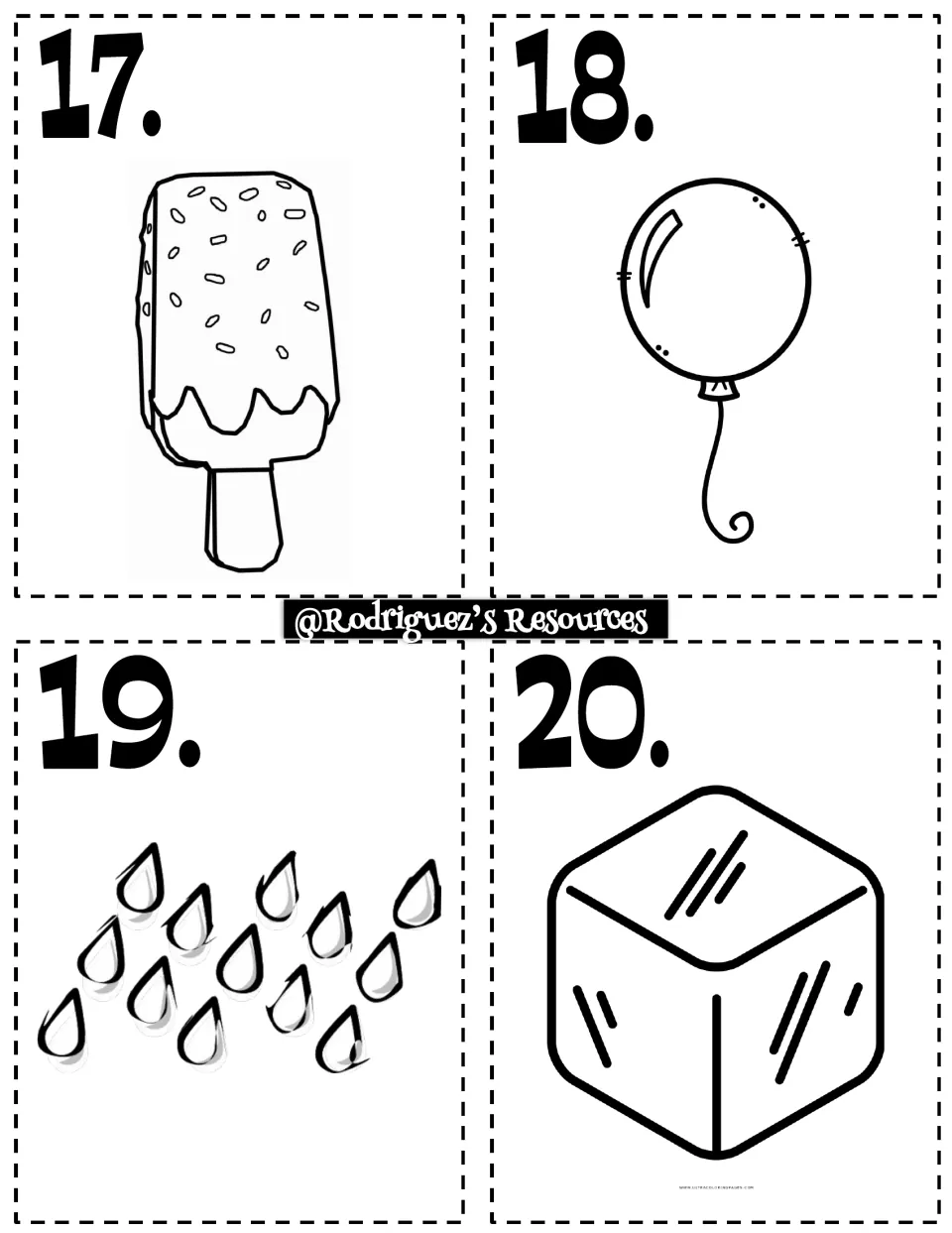 Cards 17-20 show an ice pop, a balloon, raindrops and an ice cube; students name each one's state of matter