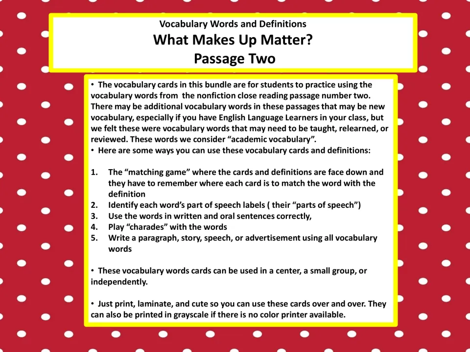 What Makes Up Matter? Passage Two vocabulary directions listing 5 card uses: matching game, parts of speech and charades