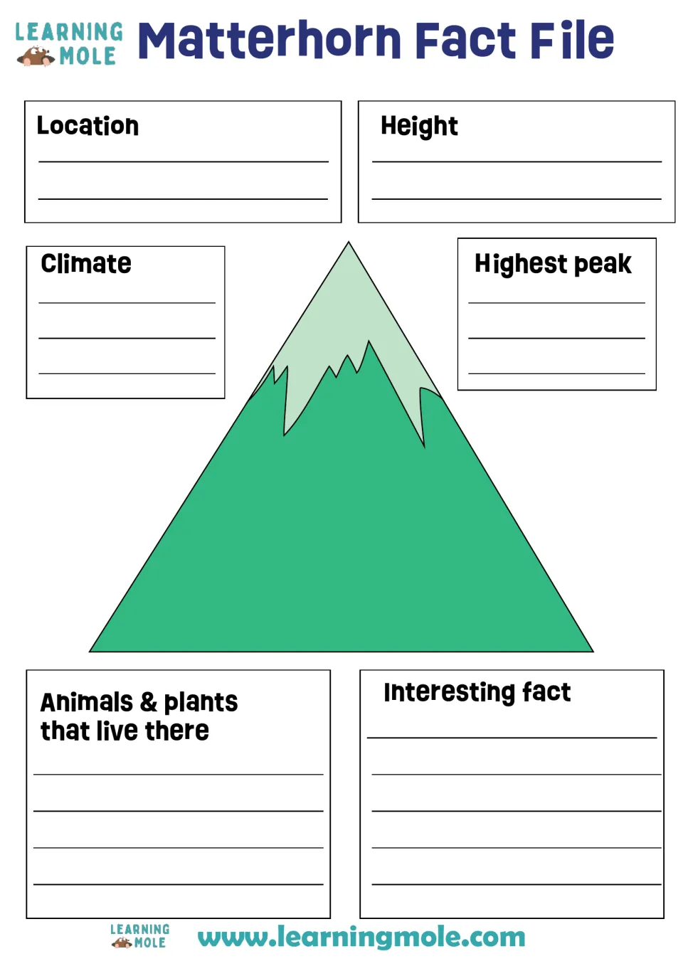 Matterhorn Fact File: students record the mountain's location, height, climate, highest peak, animals, plants and a fact