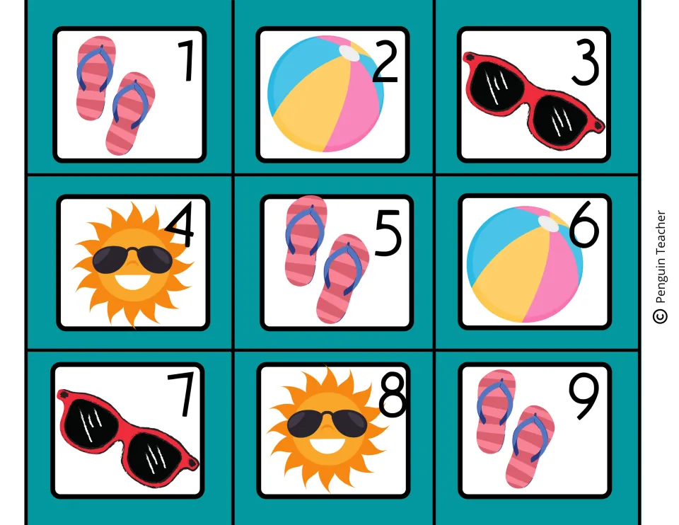 May calendar date cards 1–9 repeat flip-flops, a beach ball, sunglasses and a sun in a four-picture pattern.