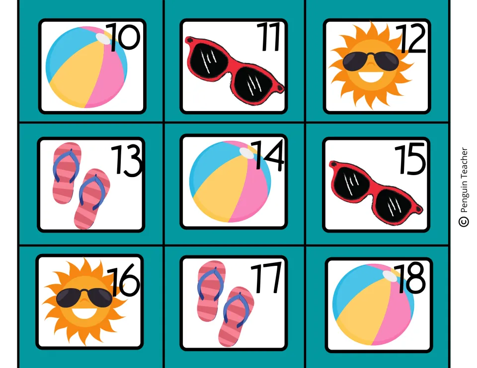 May calendar date cards 10–18 continue the beach ball, sunglasses, sun and flip-flops picture pattern.