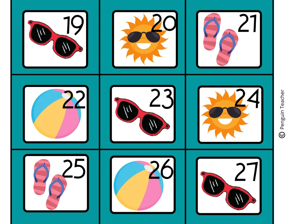 May calendar date cards 19–27 continue the sunglasses, sun, flip-flops and beach ball picture pattern.