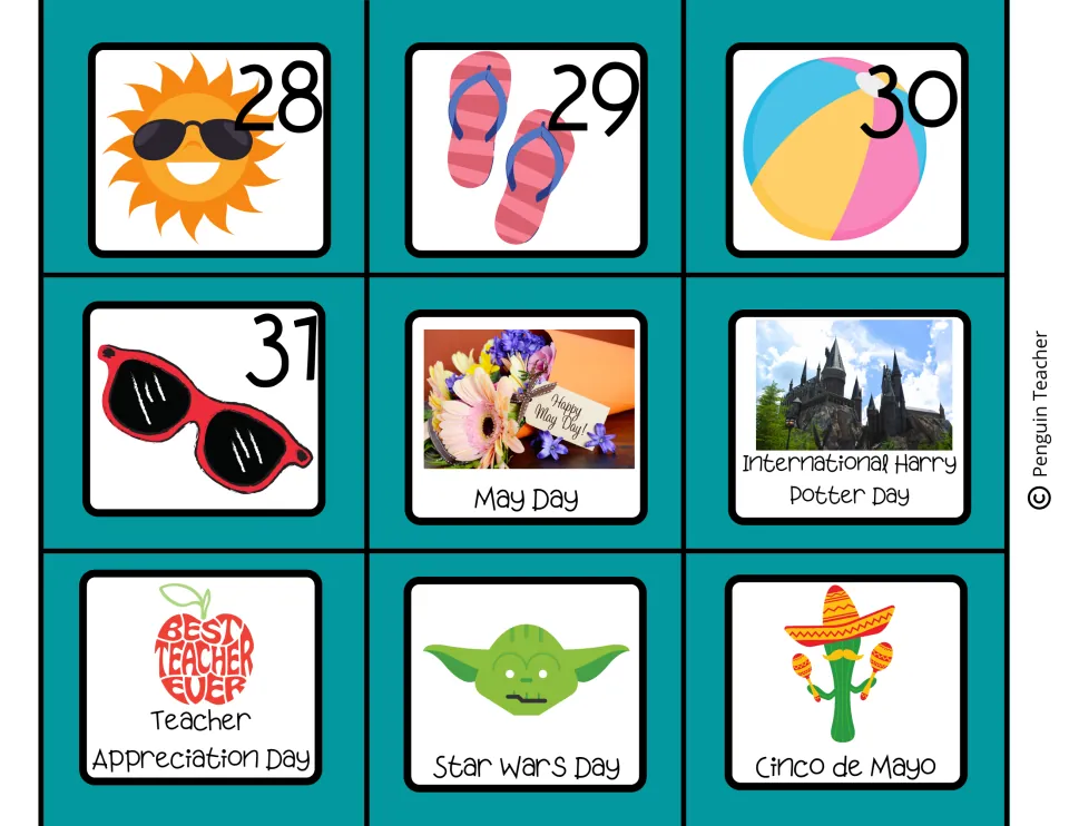 May calendar cards 28–31 plus May Day, International Harry Potter Day and three other holiday cards.