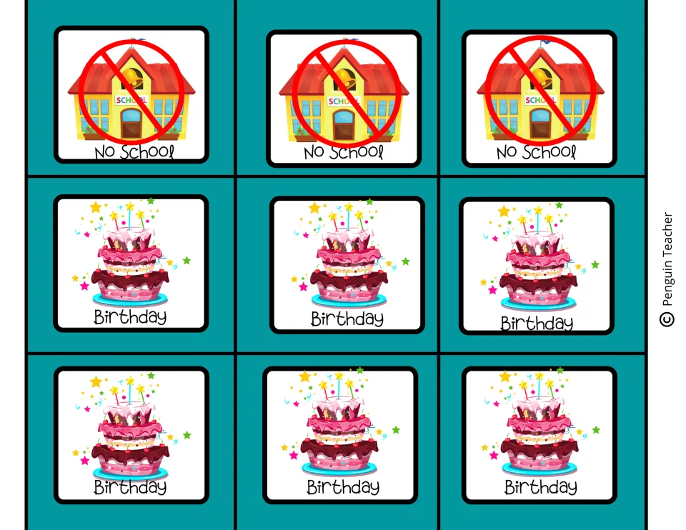 May calendar event cards include three labeled No School with school pictures and six Birthday cake cards.