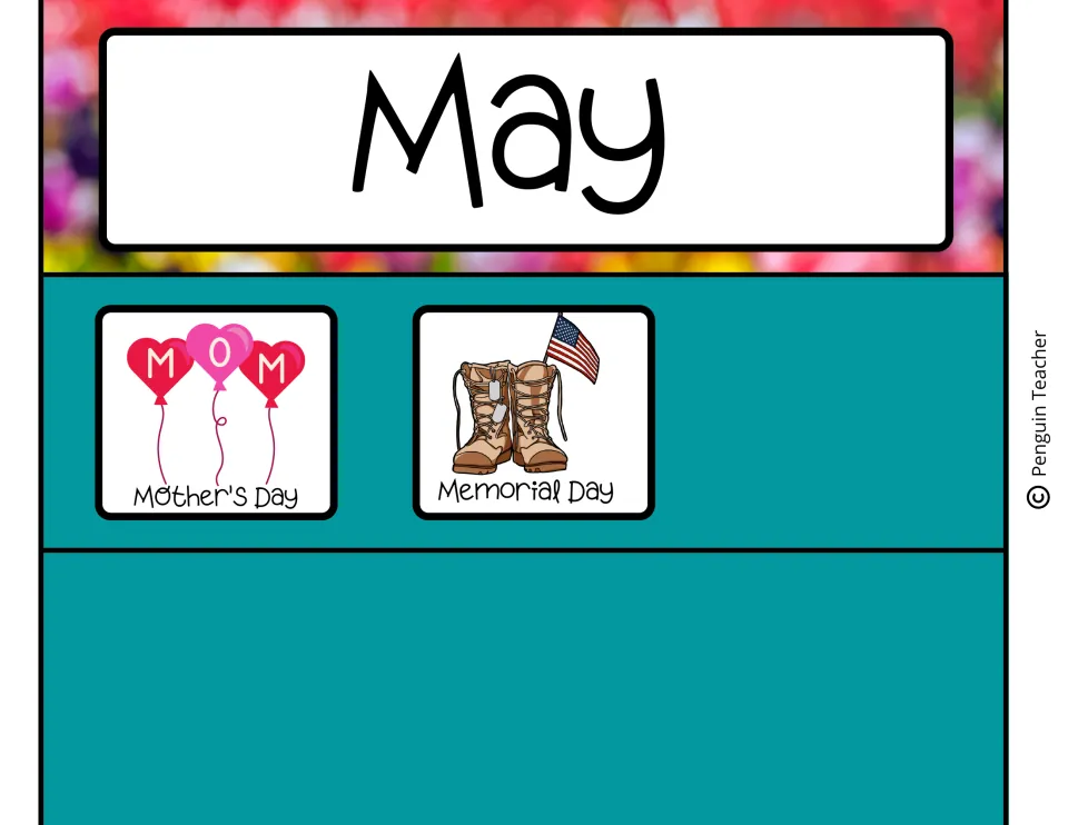 May calendar heading plus Mother's Day and Memorial Day cards showing MOM balloons and boots with a US flag.