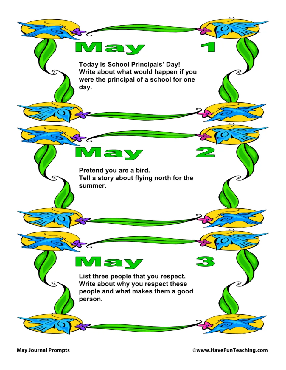 May 1–3 journal prompts: being a school principal for a day, flying north as a bird, and people you respect