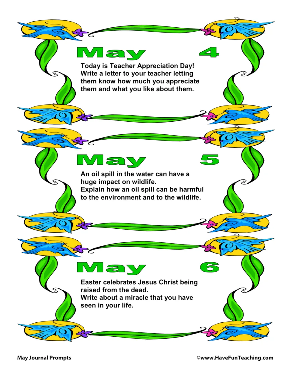 May 4–6 journal prompts: a teacher appreciation letter, oil spills harming wildlife, and a miracle you witnessed