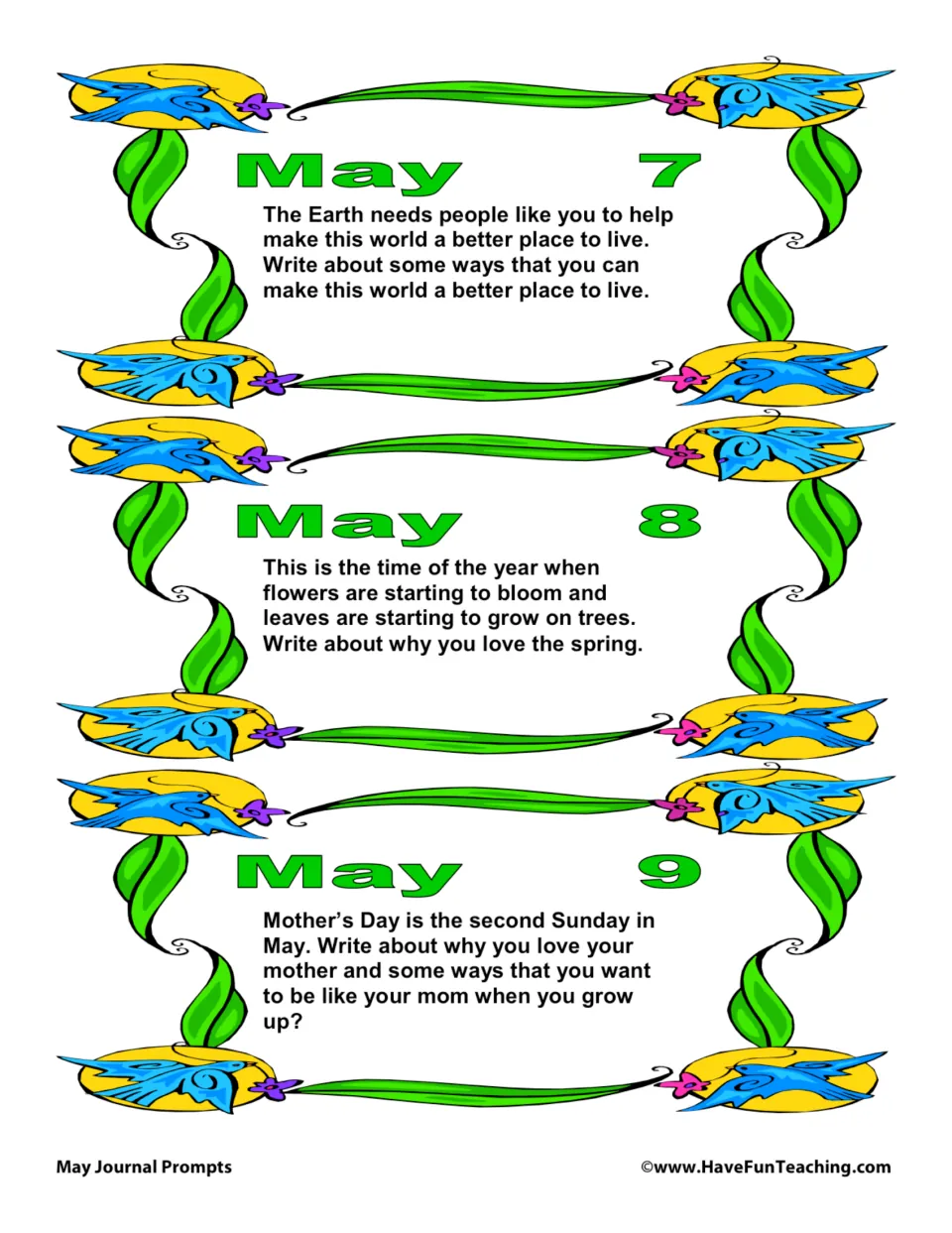 May 7–9 journal prompts: making the world a better place, why you love spring, and reasons you love your mother