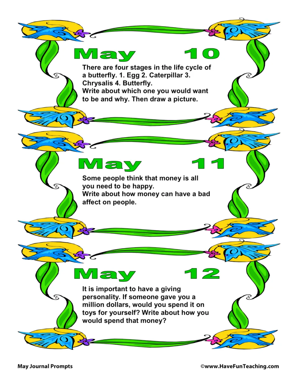 May 10–12 journal prompts: choosing a butterfly life stage, money's negative effects, and spending a million dollars