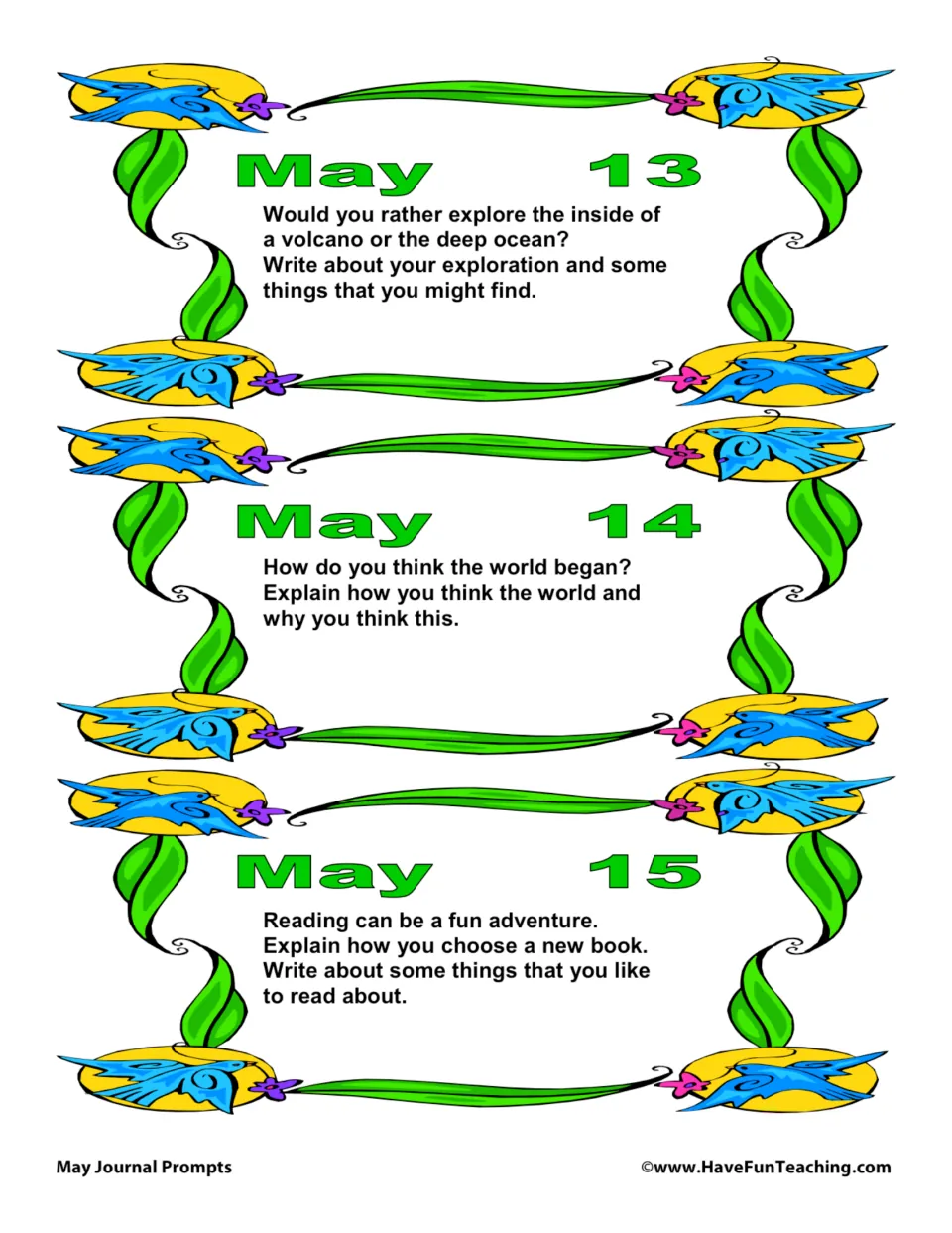 May 13–15 journal prompts: exploring a volcano or deep ocean, how the world began, and choosing a new book