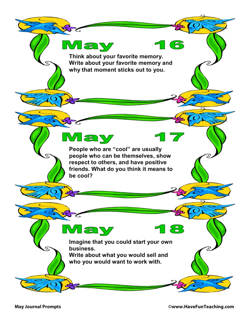 May 16–18 journal prompts: a favorite memory, what it means to be cool, and starting your own business