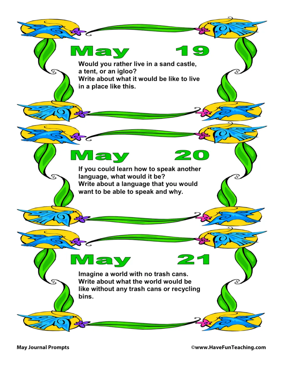 May 19–21 journal prompts: unusual homes, a language you want to learn, and a world without trash cans